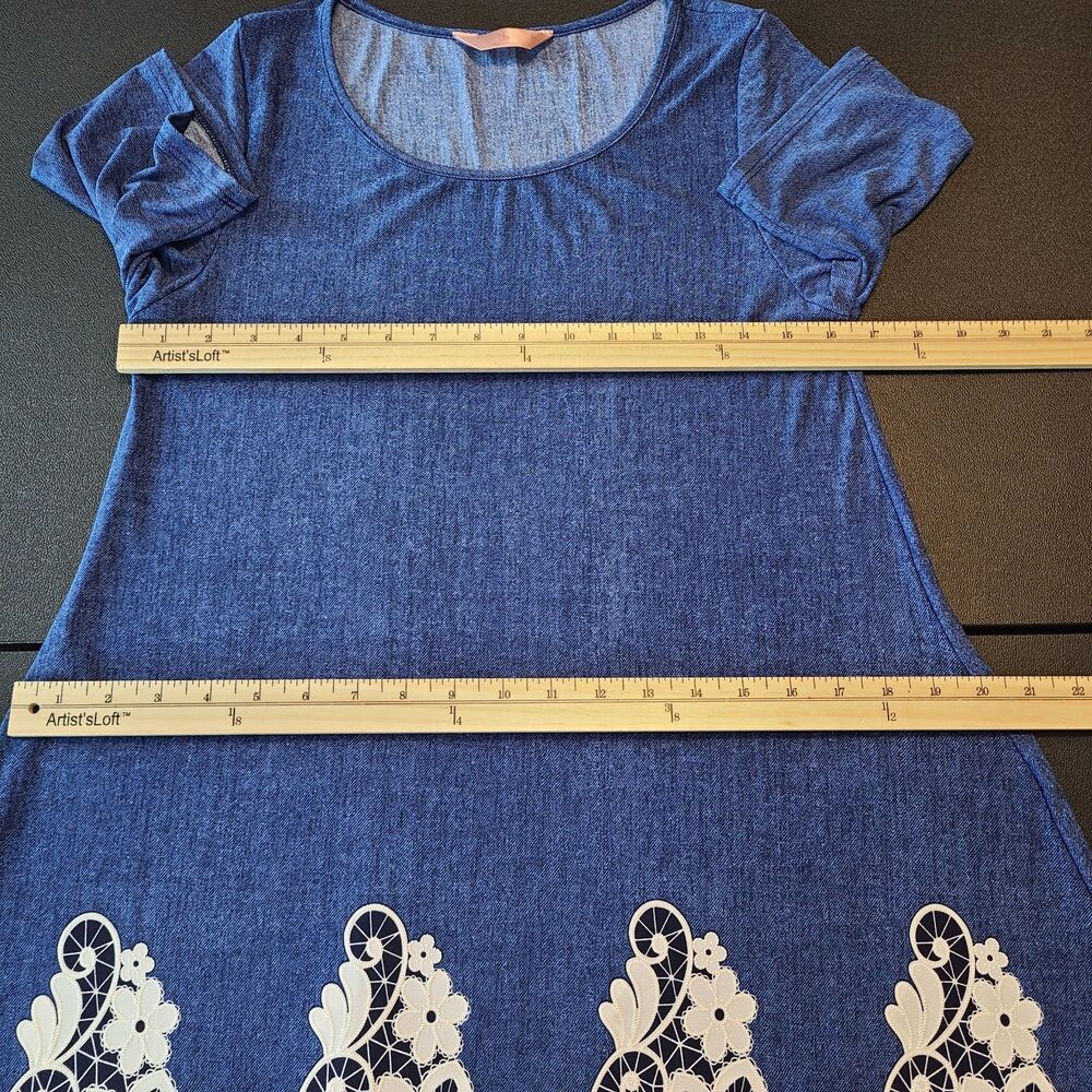 SJS Denim Blue Trapeze Dress L Lace Hem Border Feminne Coastal Cottagecore - Picture 6 of 8